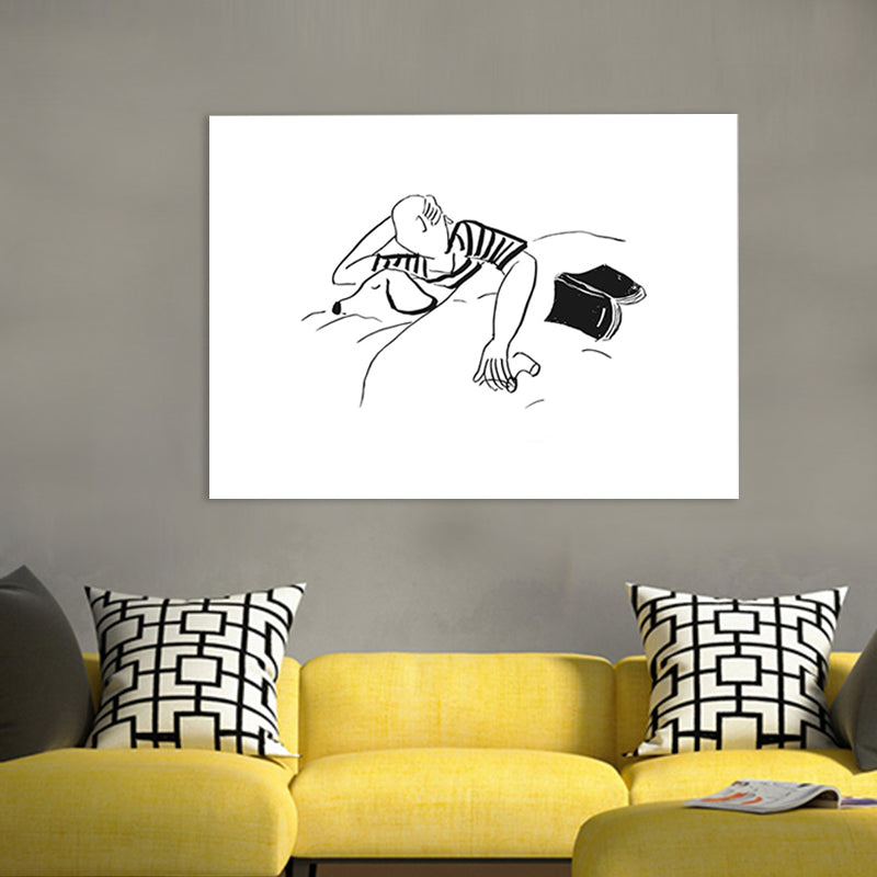 Minimalistic Canvas Art Black-White Man and His Dog Sleeping Pencil Drawing Wall Decor