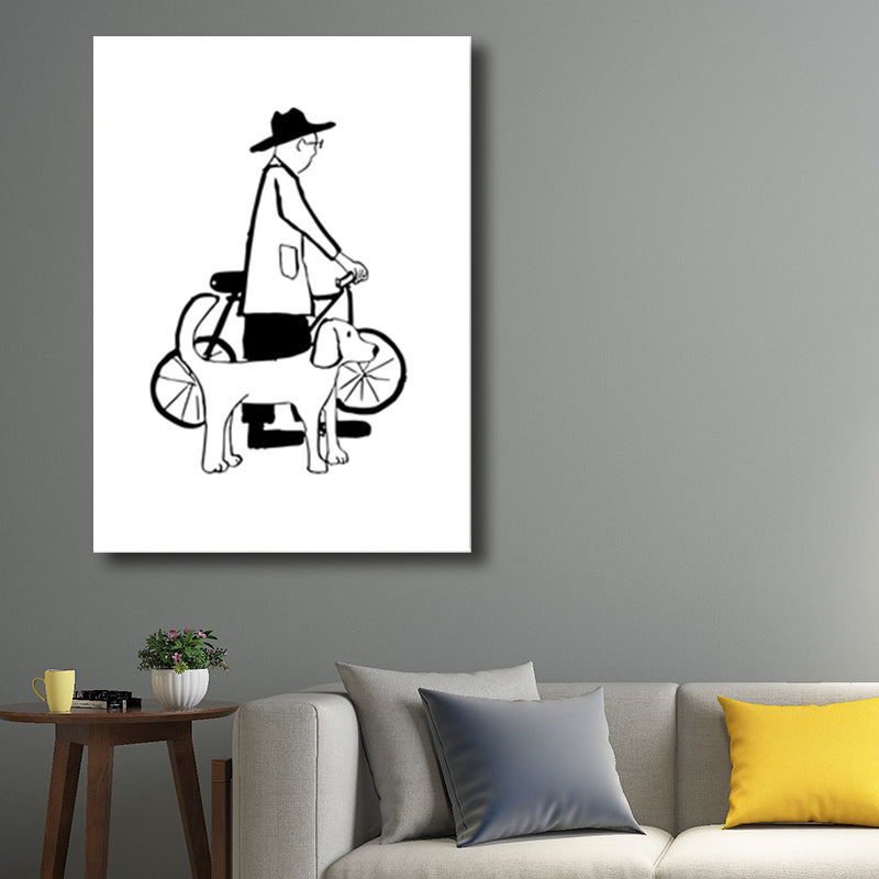 Man and Dog Sketch Canvas Art Textured Minimalist Living Room Wall Decor in Black-White