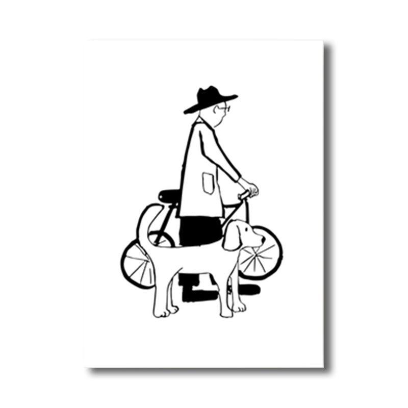 Man and Dog Sketch Canvas Art Textured Minimalist Living Room Wall Decor in Black-White