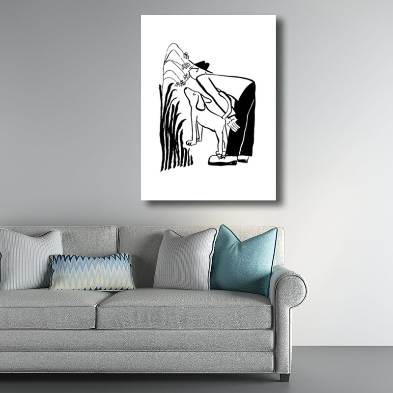 Man and Dog Sketch Canvas Art Textured Minimalist Living Room Wall Decor in Black-White