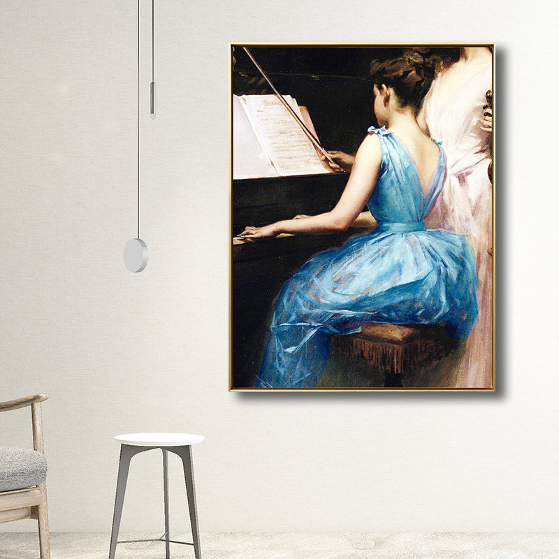 Leinwanddruck mit Musik im Vintage-Stil, Mädchen spielt Klavier, blaue Wanddekoration für Schlafzimmer, verschiedene Größen