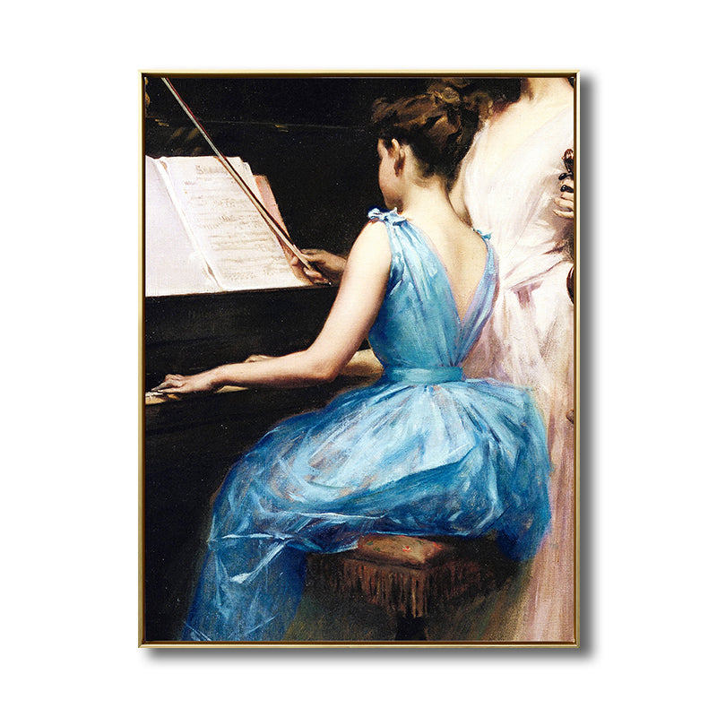 Leinwanddruck mit Musik im Vintage-Stil, Mädchen spielt Klavier, blaue Wanddekoration für Schlafzimmer, verschiedene Größen
