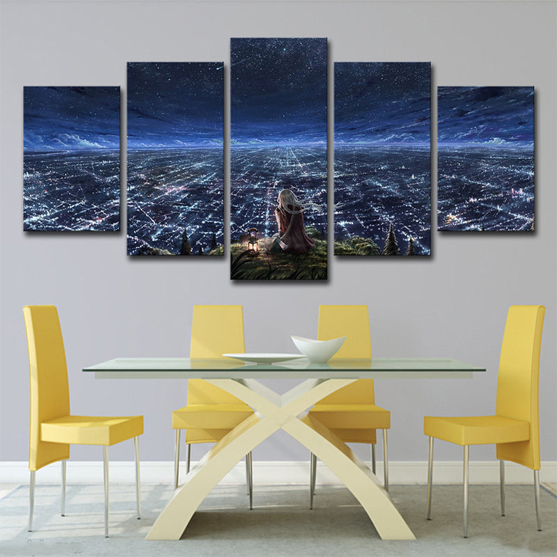Girls Starry Sky View Canvas Bedroom Luminous Cityscape Wall Art in Dark Blue for Decor