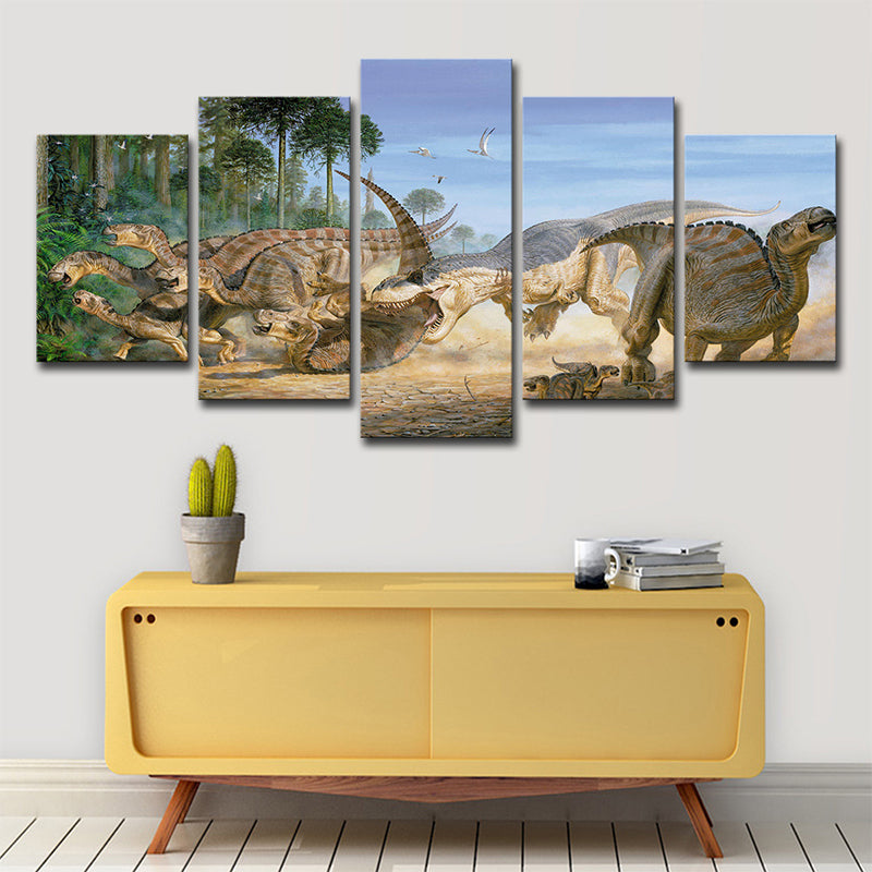 Science Fiction Dinosaur Wall Art Yellow Multi-Piece Canvas Print for Boys Bedroom