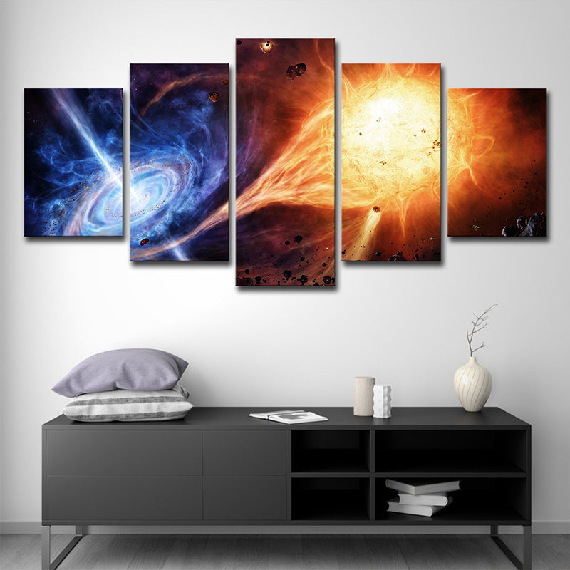 Swirling Galaxy and Meteorite Canvas Orange-Blue Science Fiction Wall Art for Bedroom