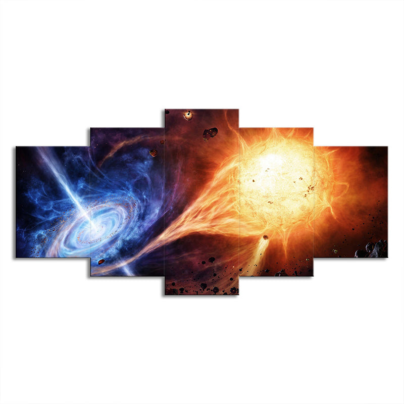Swirling Galaxy and Meteorite Canvas Orange-Blue Science Fiction Wall Art for Bedroom