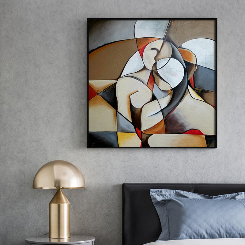 Textured Khaki Canvas Modern Art Half-Awake Lovers Painting Wall Decor for Bedroom