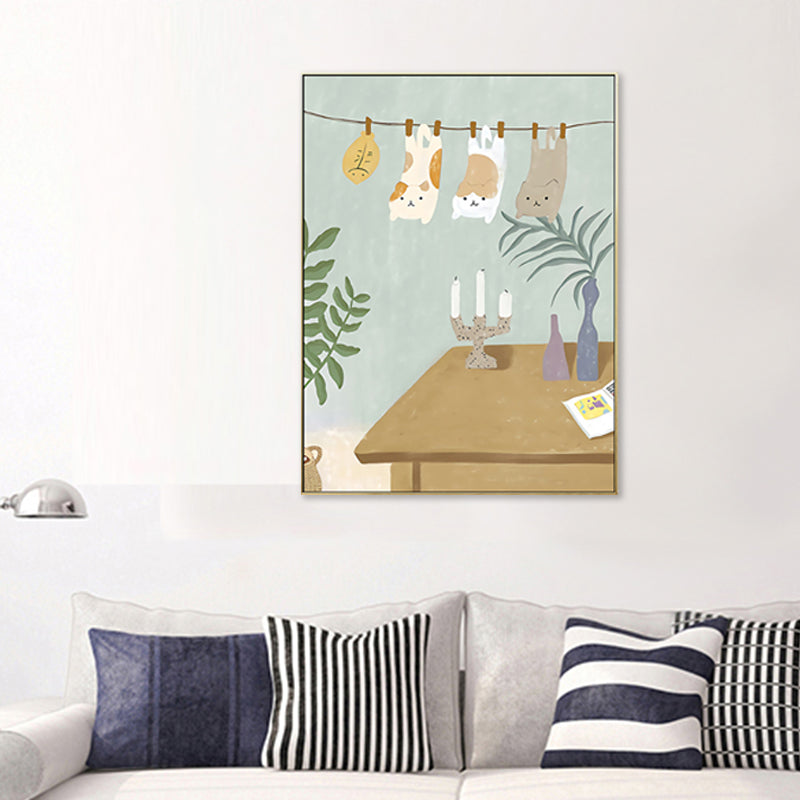Suspended Cats Wall Art Kids Style Cute Animal Canvas Print in Light Blue for Bedroom