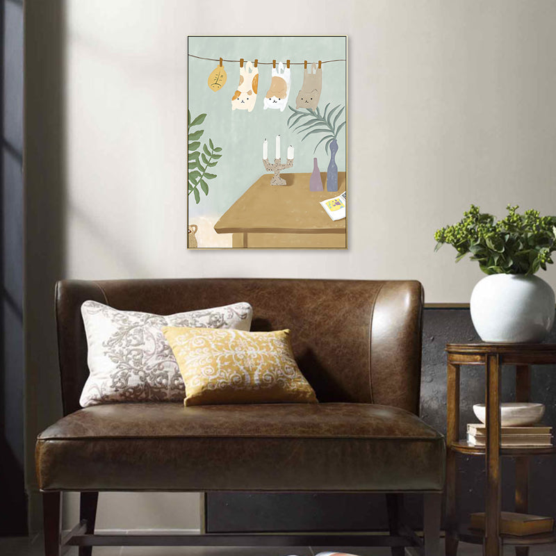 Suspended Cats Wall Art Kids Style Cute Animal Canvas Print in Light Blue for Bedroom