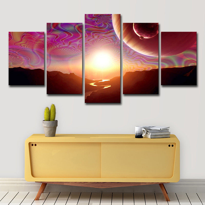 Psychedelic Space Sunlight Wall Art Print for Living Room, Purple-Pink, Multi-Piece