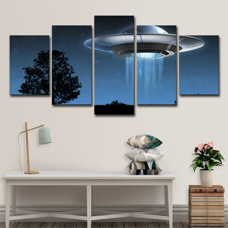 Science Fiction UFO Wall Art Boys Bedroom Canvas Print in Dark Blue, Multi-Piece