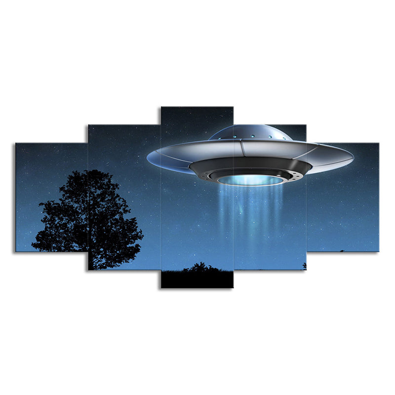 Science Fiction UFO Wall Art Boys Bedroom Canvas Print in Dark Blue, Multi-Piece