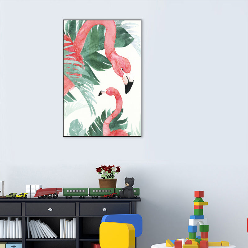 Tropical Style Flamingo Painting in Pastel Color Textured Canvas for Dining Room