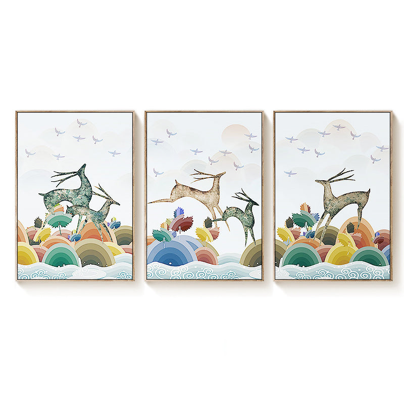 Children's Art Reindeer Painting Cartoon Animals White Wall Decor, Set of Three