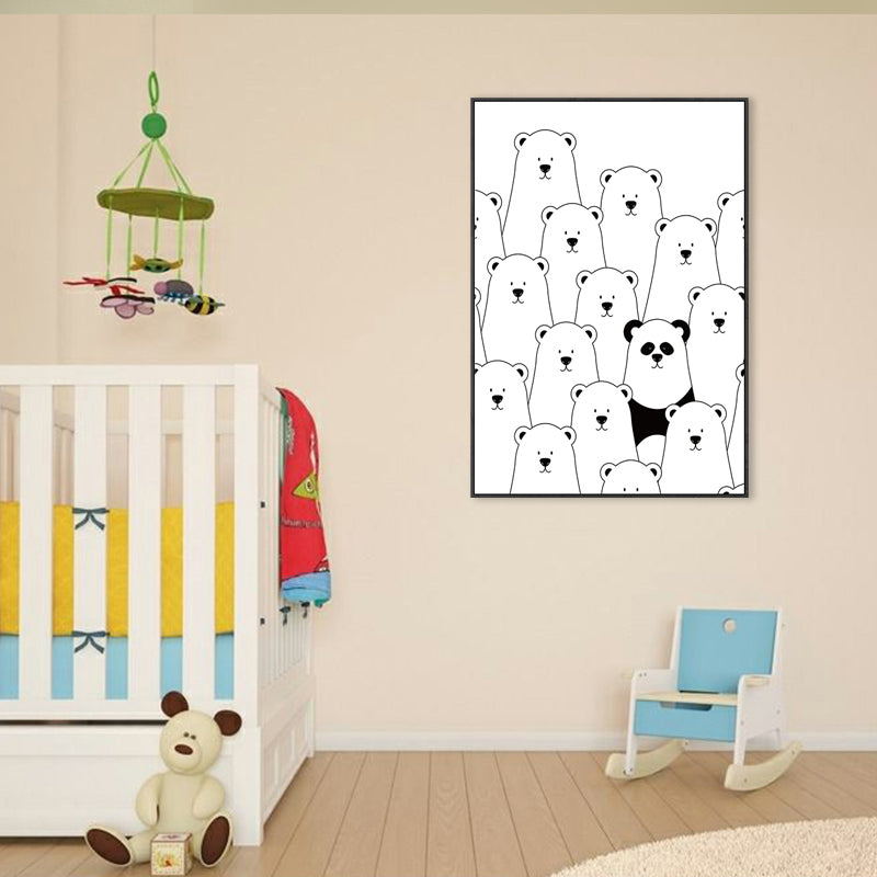 Kawaii Animal Canvas Wall Art for Child Bedroom, Black and White, Textured Surface