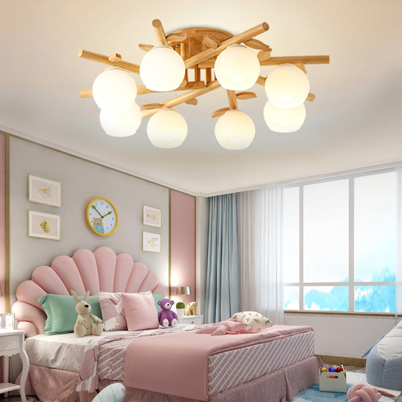 Sphere Dining Room Ceiling Lamp Opal Glass Creative Semi Flush Ceiling Light with Wooden Branch in Beige