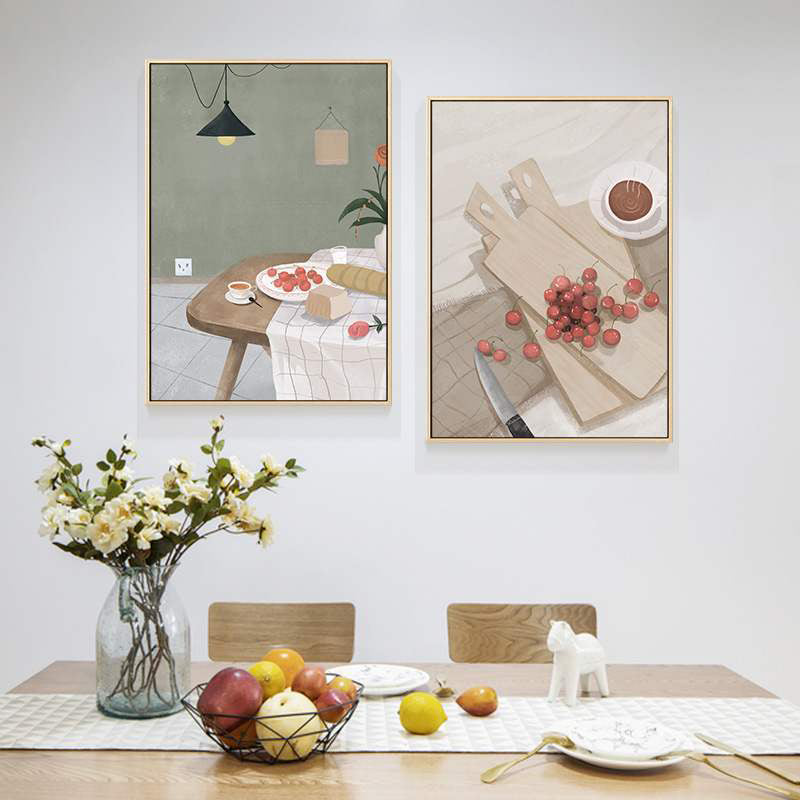 Dining Table and Cherries Canvas Textured Nordic Style for Girls Bedroom Painting