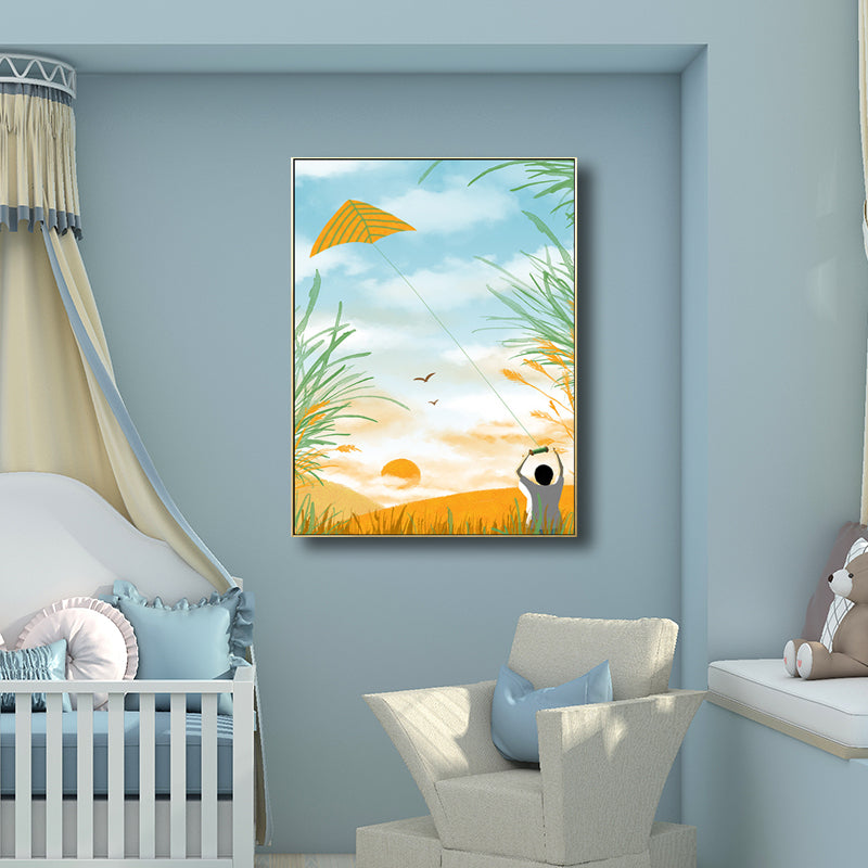 Childrens Art Scenery Print Canvas Pastel Color Textured Wall Decoration for Bedroom