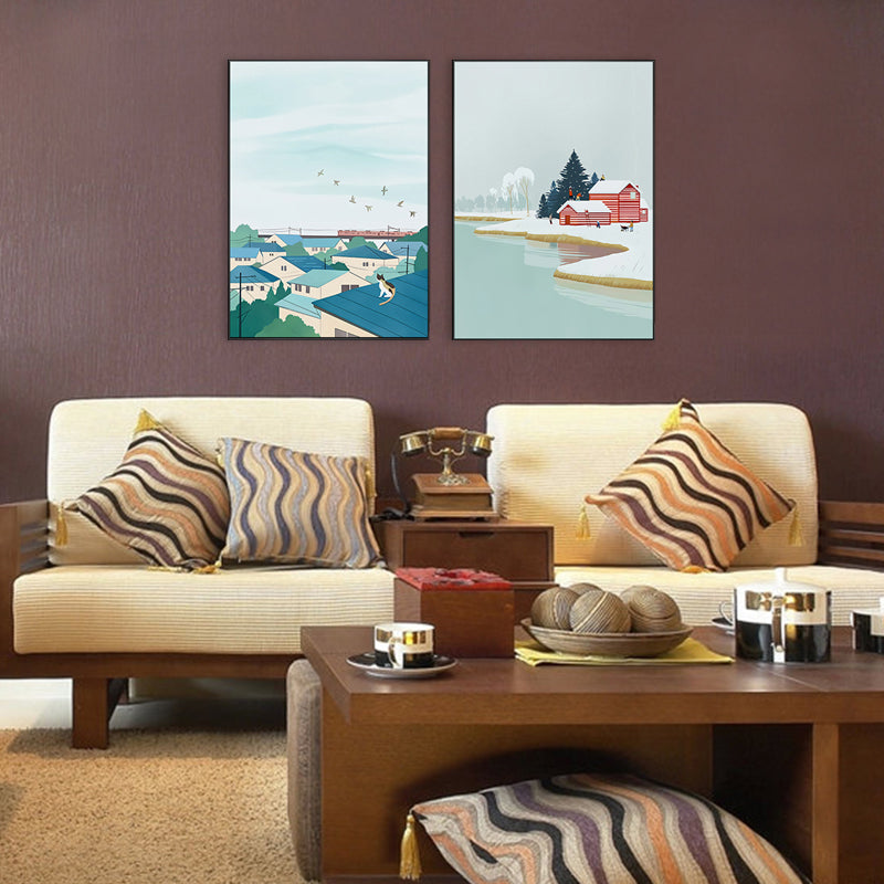 Illustration für Kinderkunst-Wanddekoration mit saisonaler Landschaft in hellen Farben für das Schlafzimmer