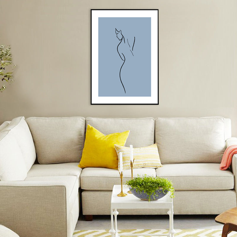 Simple Back of Woman Canvas Print Blue-Black Line Drawing Wall Art for Bedroom