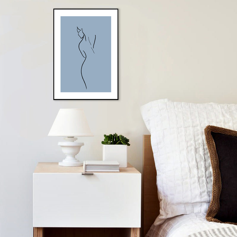 Simple Back of Woman Canvas Print Blue-Black Line Drawing Wall Art for Bedroom