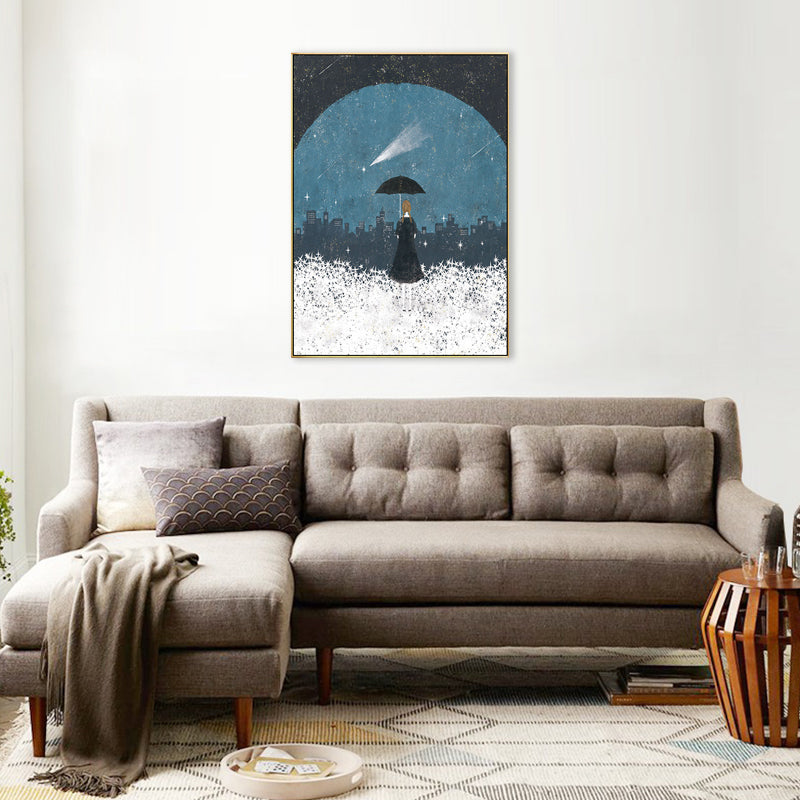 Girls Night Walk Alone Canvas Art Kids Style Textured Wall Decor in Dark Color for Bedroom
