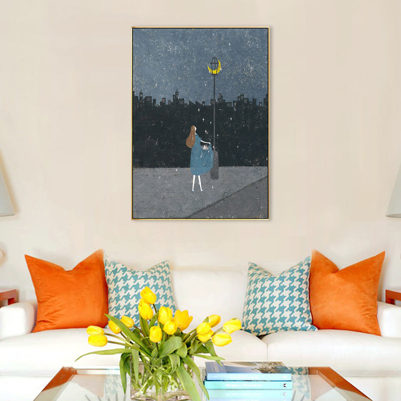 Girls Night Walk Alone Canvas Art Kids Style Textured Wall Decor in Dark Color for Bedroom