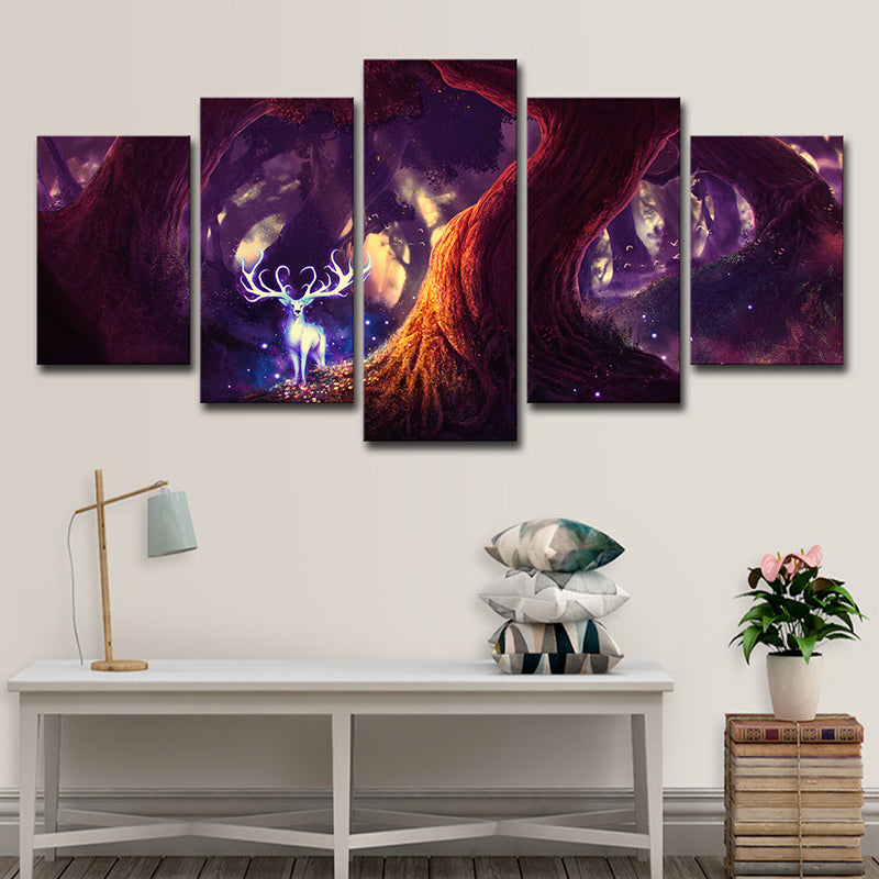 Fairy Tale Forest Deer Canvas Cartoon Multi-Piece Wall Art Decor in Purple for Home