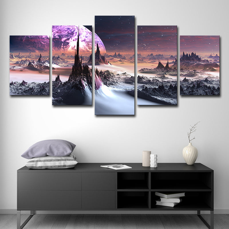 Fictional Hills and Planet Canvas Purple Multi-Piece Wall Art for Boys Bedroom