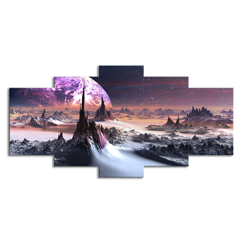 Fictional Hills and Planet Canvas Purple Multi-Piece Wall Art for Boys Bedroom