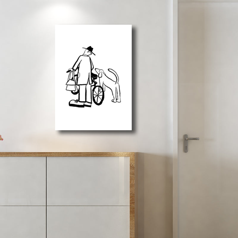 Mans Leisure Time Drawing Canvas in Black and White Minimalism Wall Art for Room