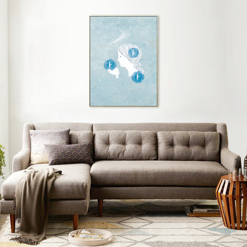 Figure and Animal Drawing Canvas Kids Textured Wall Art in Pastel Color for Room
