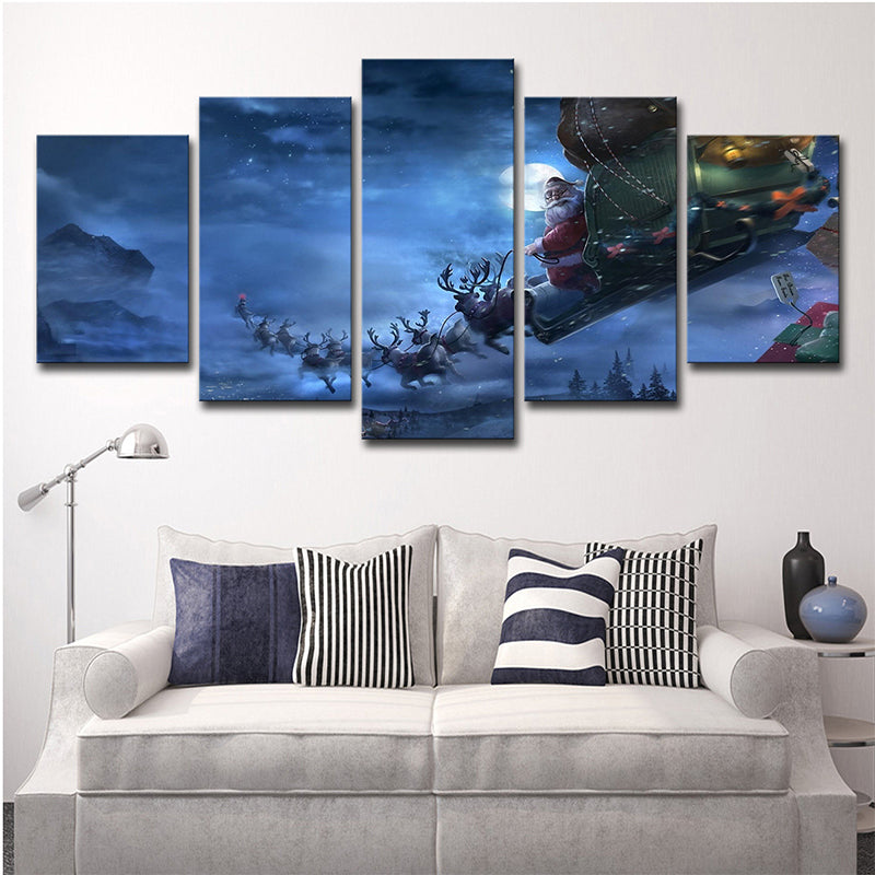 Moon Night Deer Carriage Art Print Kids Dreamy Christmas Wall Decor in Blue for Room