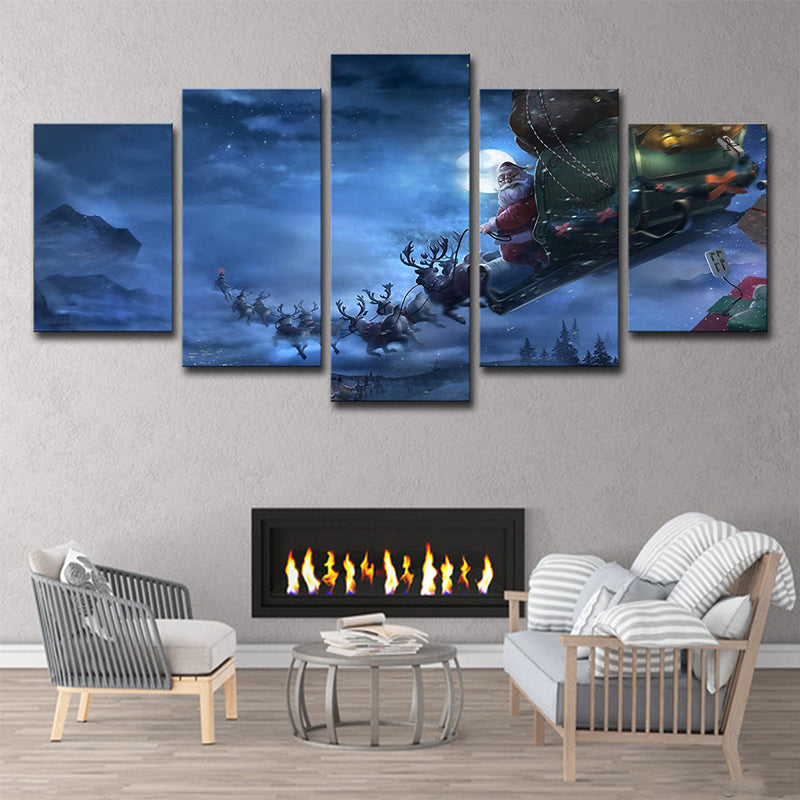 Moon Night Deer Carriage Art Print Kids Dreamy Christmas Wall Decor in Blue for Room