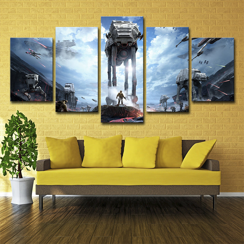Fictional Space War Scene Art Print Blue Multi-Piece Wall Decor for Sitting Room