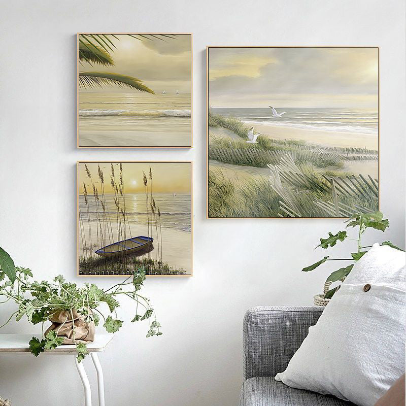 Tropical Canvas Print in Green Beach Sunrise Scenery Wall Art for House Interior