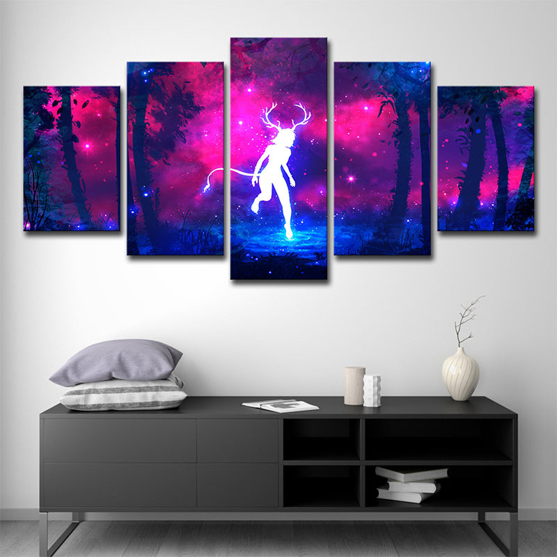 Cartoon Deer Fairy Wall Art Print Purple-Blue Night Wonderland Canvas for Bedroom