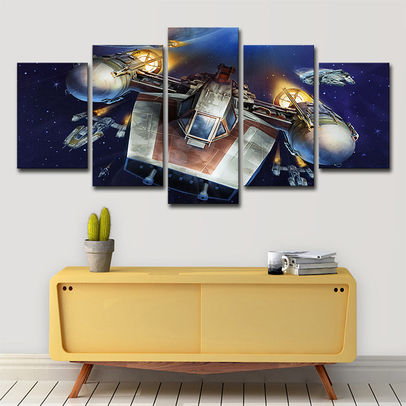 Sci-Fi Y-Wing Starfighter Wall Art Decor Dark Blue Outer Space Canvas Print for Bedroom