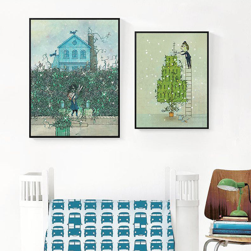Kids Boy Trimming Drawing Art Print Pastel Color Childrens Bedroom Canvas for Decor