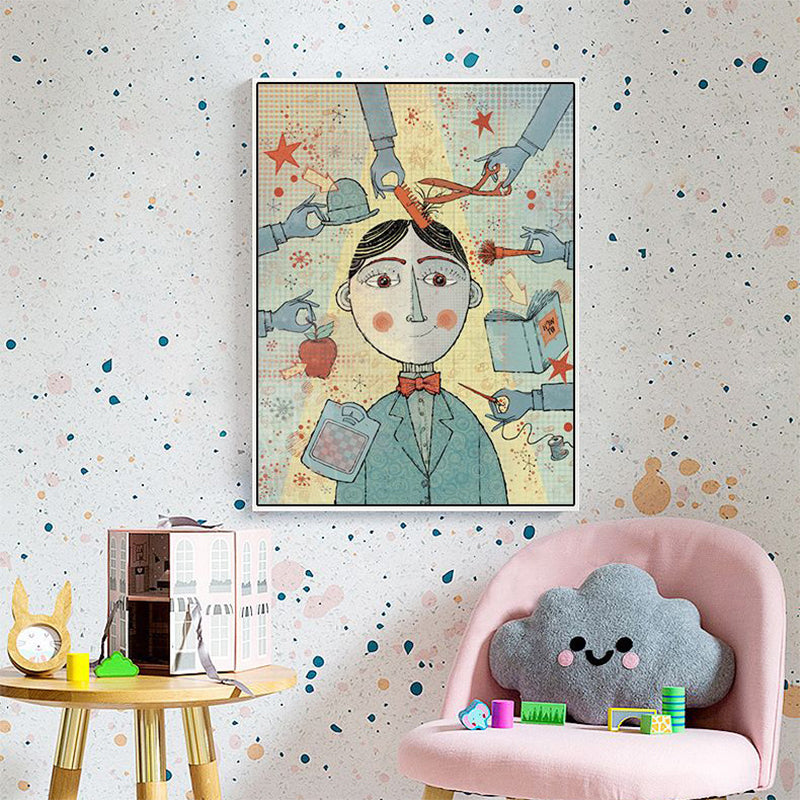 Kids Boy Trimming Drawing Art Print Pastel Color Childrens Bedroom Canvas for Decor