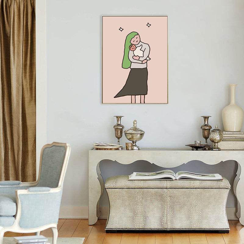 Happy Family Drawing Wall Art House Interior Figure Canvas Print in Pastel Color