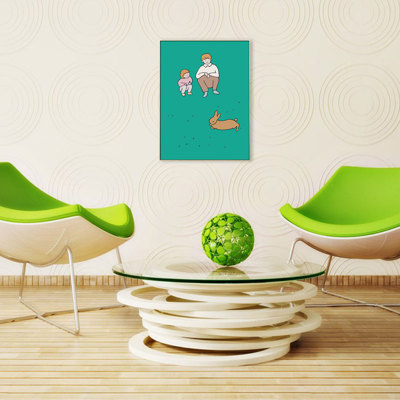 Happy Family Drawing Wall Art House Interior Figure Canvas Print in Pastel Color