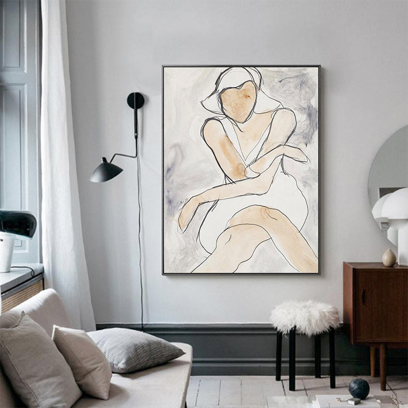 White Line Sketch Woman Art Print Textured Minimalistic House Interior Wall Decor
