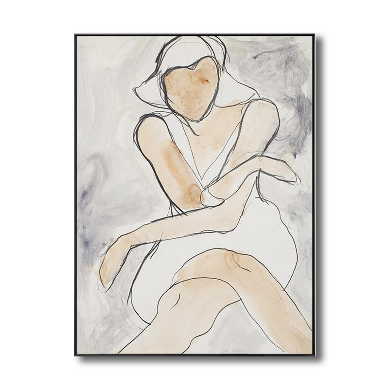 White Line Sketch Woman Art Print Textured Minimalistic House Interior Wall Decor