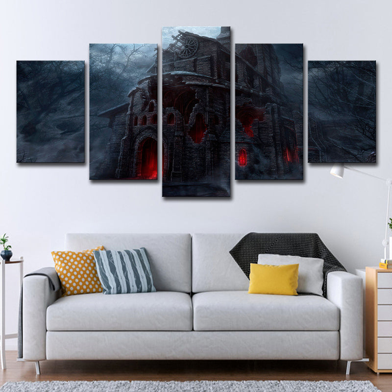 Dreary Night Castle Canvas Art House Interior Halloween Wall Decoration in Black