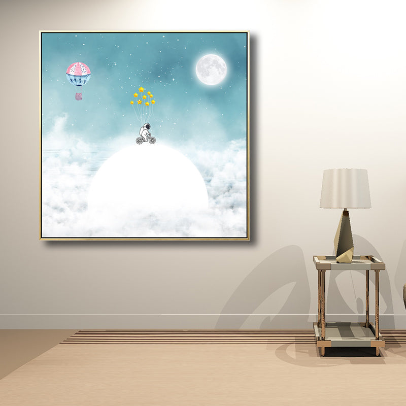 Kids Balloon Trip Drawing Canvas Print Blue Moon Night Sky Wall Art Decor for Room