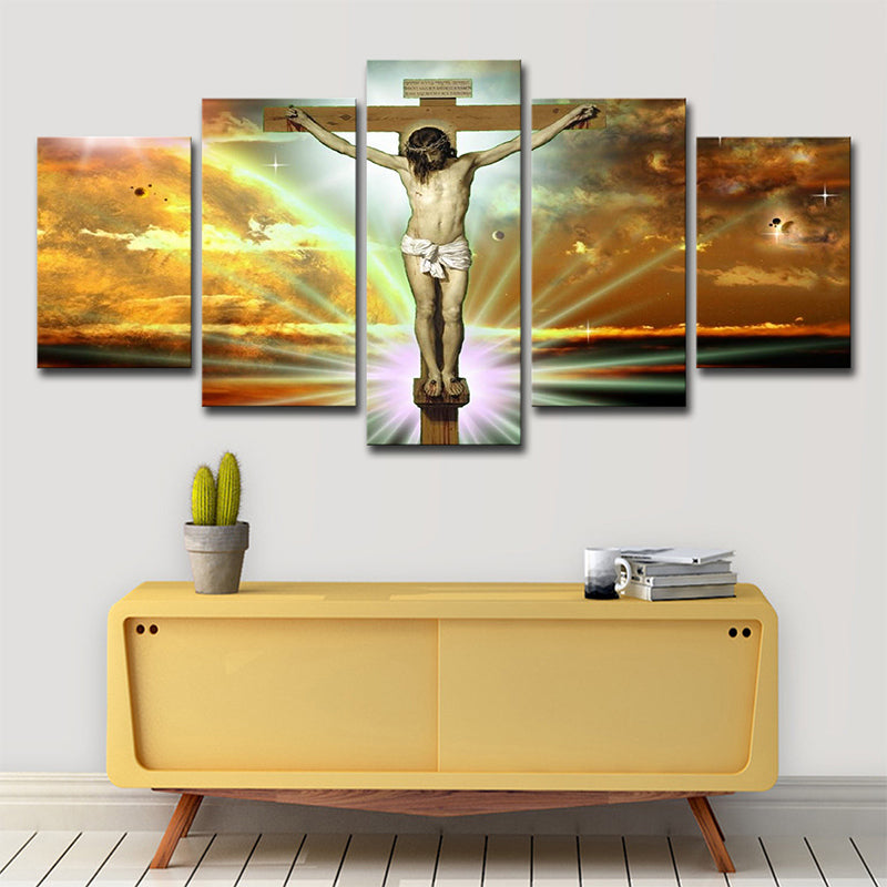 Global Inspired Religion Wall Art Yellow Jesus on the Cross with Sunlight Background Canvas