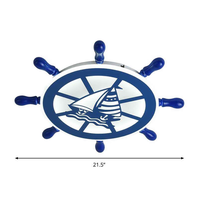 Nautical Rudder Flushmount Lighting Acrylic Boys Bedroom LED Close to Ceiling Lamp in Blue, Warm/White Light
