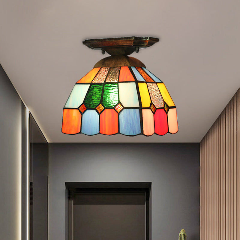 1 Birne Korridor Flush Mount Beleuchtung Tiffany Messing Deckenleuchte mit Grid Dome Cut Glasschirm