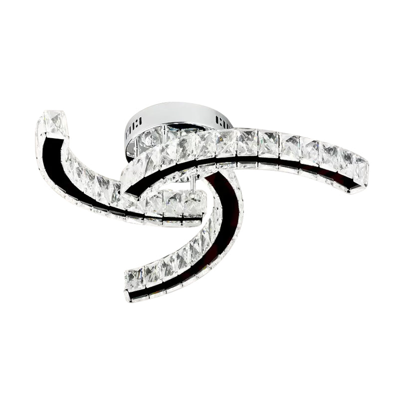 Modernist Curved Linear Ceiling Lamp Crystal Block LED Parlor Semi Flush Lamp in Stainless-Steel, Warm/White Light